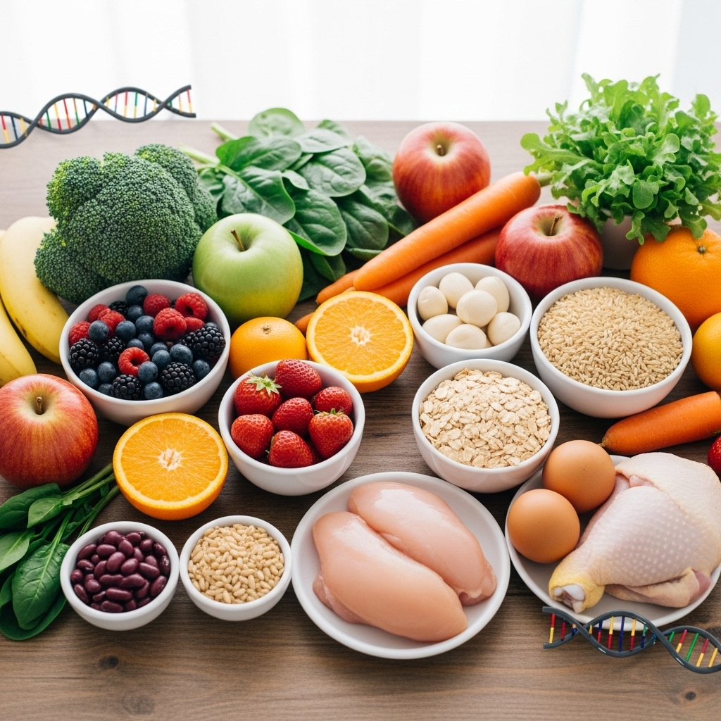 A colorful assortment of healthy foods including whole grains, fruits, vegetables, eggs, and lean chicken displayed on a wooden table, representing foods you can eat without a DNA test.